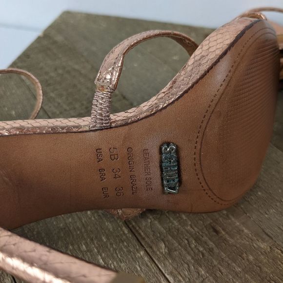 Schutz Strappy High Heel Sandal metallic Rose Gold Snake skin sz 5B Ankle strap - Picture 4 of 7